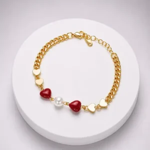Pulsera Dorada Eslabón Plano y Corazones