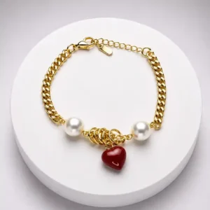 Pulsera Dorada Barbada Perlas y Corazón